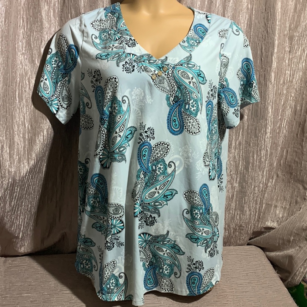 Folunsi Top Blouse Blue Black White Paisley 1X